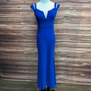 XSCAPE Women Royal Blue Notched V-Neck Mermaid Evening Gown Dress Size 2